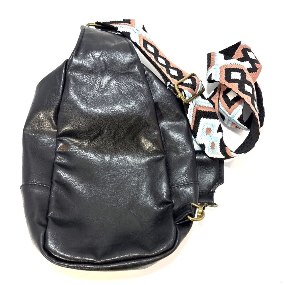Black Faux Leather Crossbody Sling Bag With Adjustable Aztec Strap Western - Picture 2 of 11
